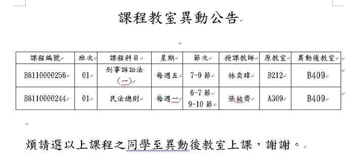 林奕瑋、張祐齊老師課程教室異動公告圖片